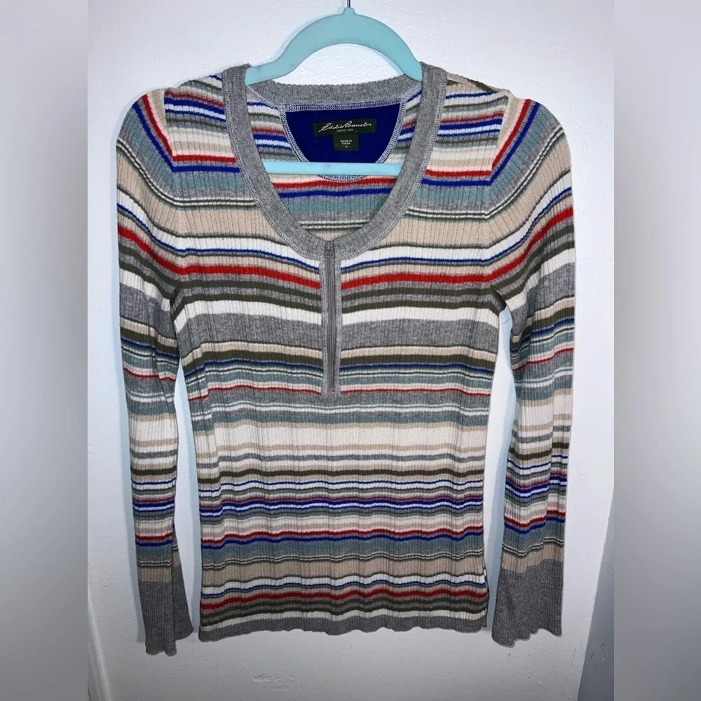 Eddie Bauer, M,‎ pastel multicolor, ribbed knit,flared long sleeve, quarter zip